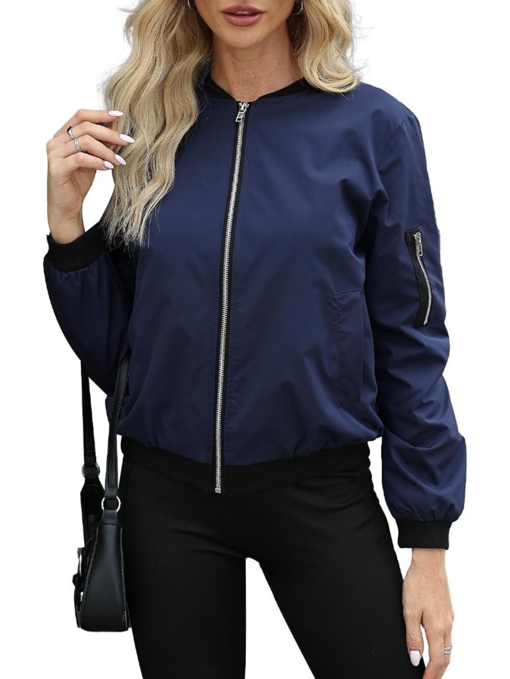 Women's Navy Blue Lightweight Casual Windbreaker with Pockets Bomber Jackets